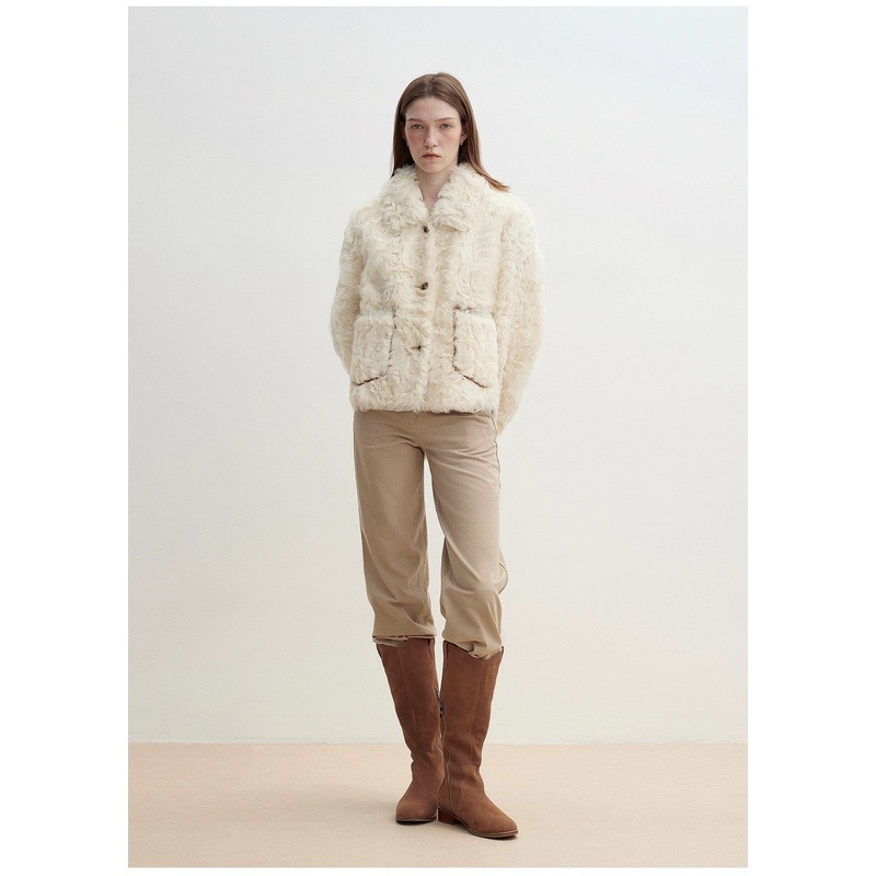 “Rachel” Frost-Smudged Two-Tone Sheepskin Lapel Coat