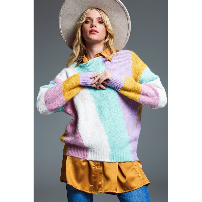 Relaxed Multicolor Diagonal Stripe Sweater With Boat Neck In Pastel Colors