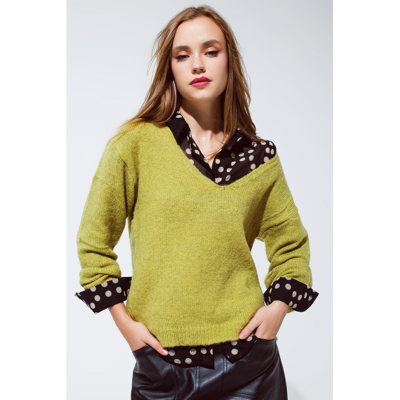 Soft Green Jumper With V Neck