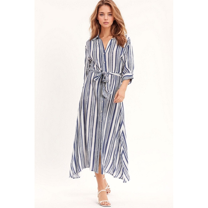 Striped Maxi Shirt Dress With 3/4 Sleeve And Belt In Blue And White