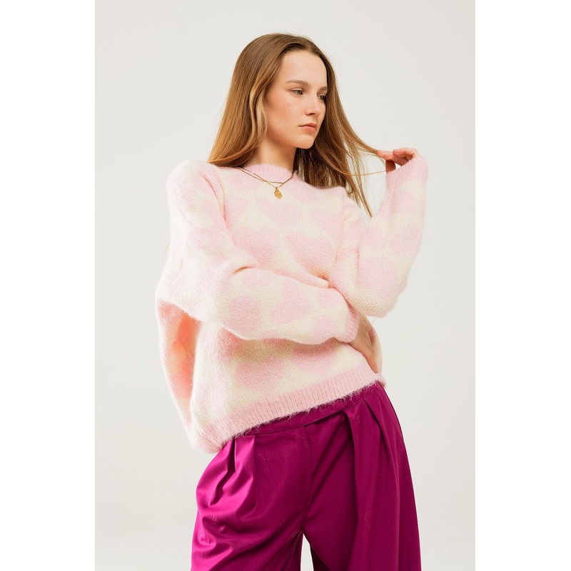 Super Soft Oversized Cream Sweater With Pink Hearts All Over
