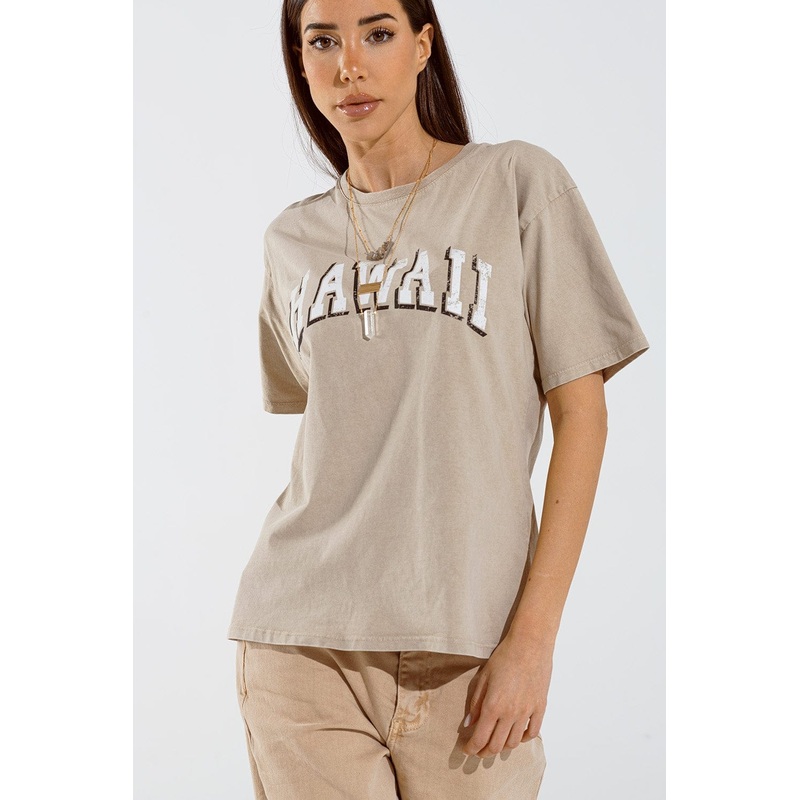 Washed Effect Hawaii T-Shirt In Beige