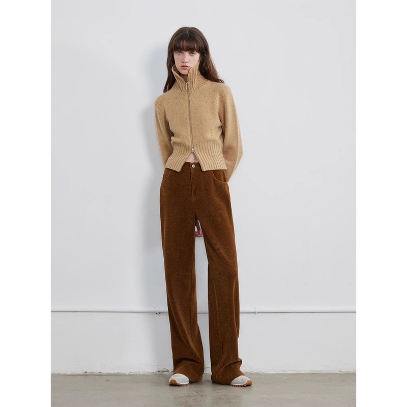 “Autumn Breeze Tea” Colorful Dotted Wool-Blend Double-Zip Knitted Cardigan Short Stand-Up Collar Sweater