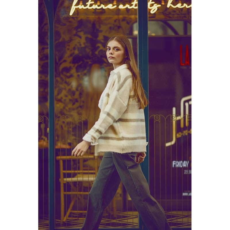 Beige Striped Fluffy Cardigan