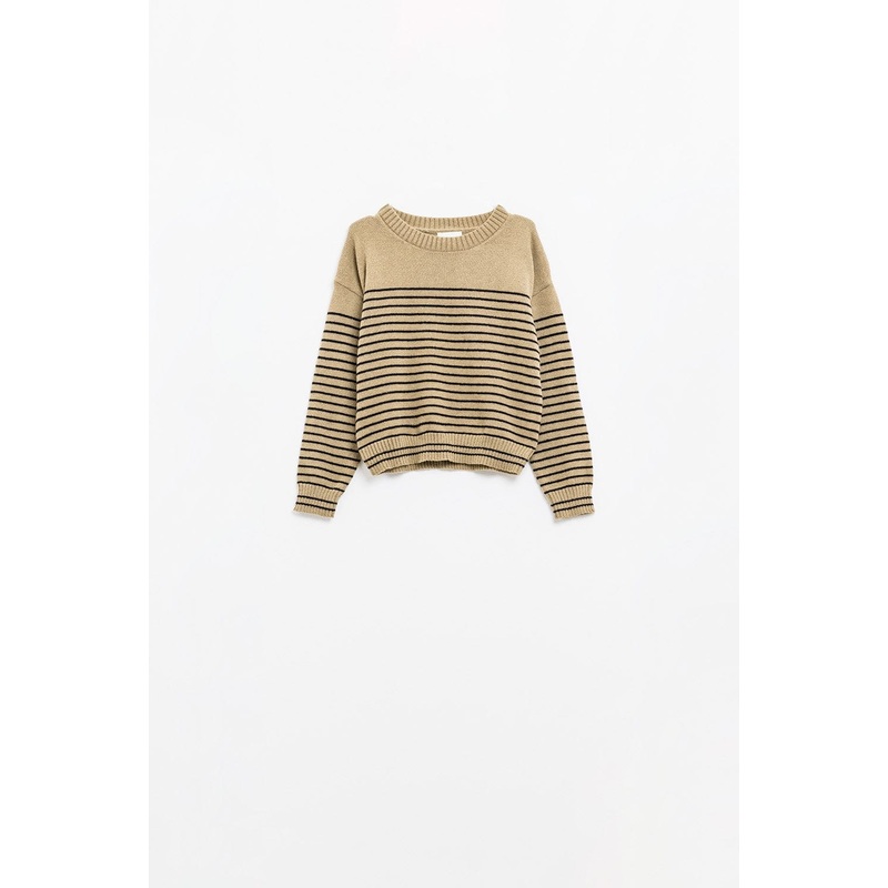 Beige Sweater With Black Stripes And Boat Neck