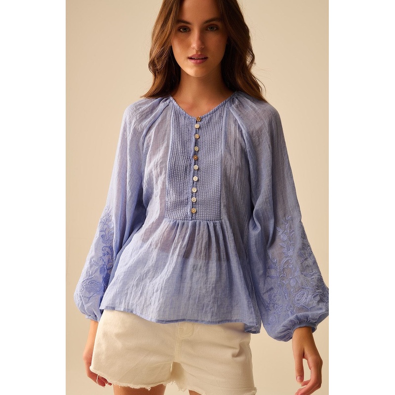 Blue Chiffon Blouse With Embroidery On The Sleeves