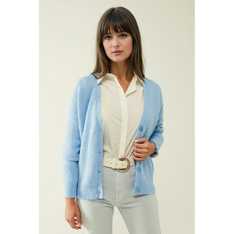 Blue Knit Cardigan With Wide V-Neck And Button Closure