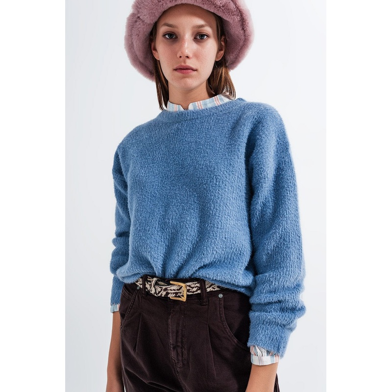 Crew Neck Jumper In Rib With Fluffy Yarn In Blue
