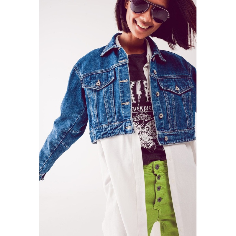 Cropped Denim Jacket In Mid Blue