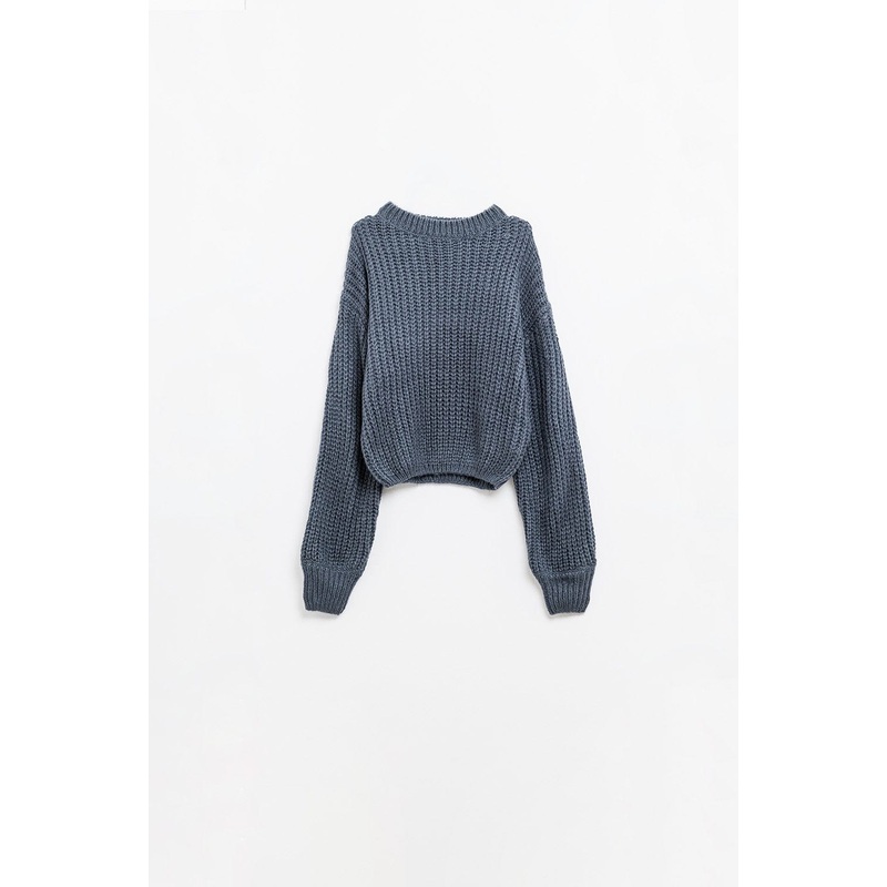 Dark Grey Chunky Knit Sweater With Balloon Sleeves