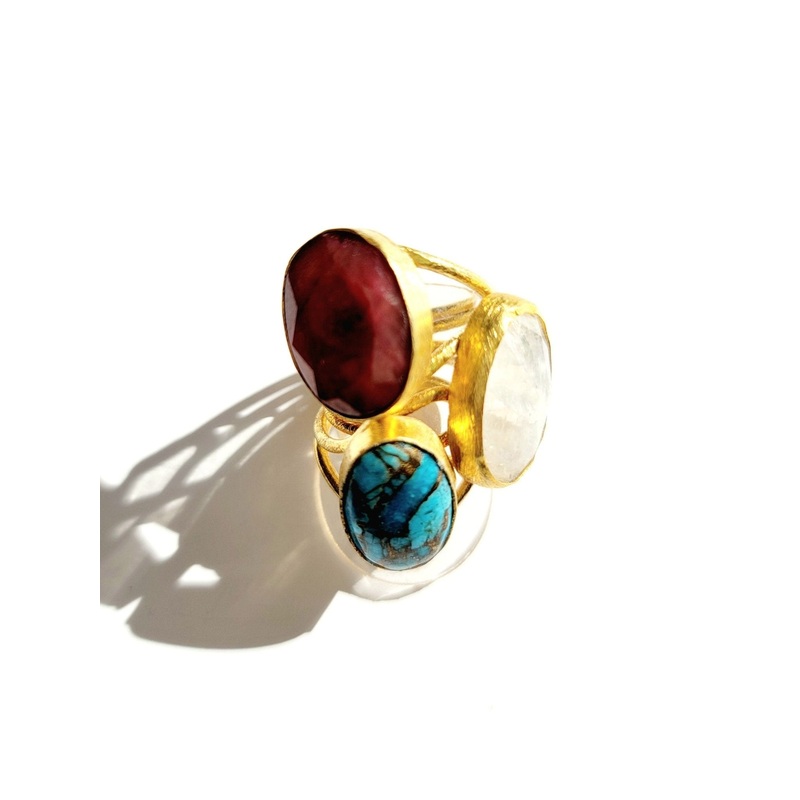 Faceted Gold Oval Ring  in Ruby, Moonstone, or Turquoise
