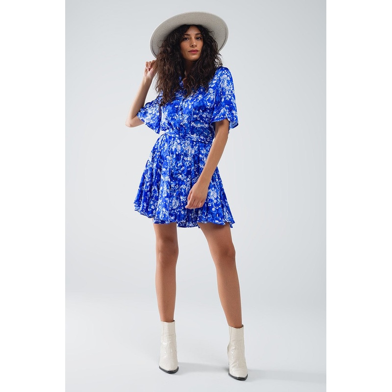 Flowy Short Shirt Dress With Angel Sleeves In Blue Abstract Print