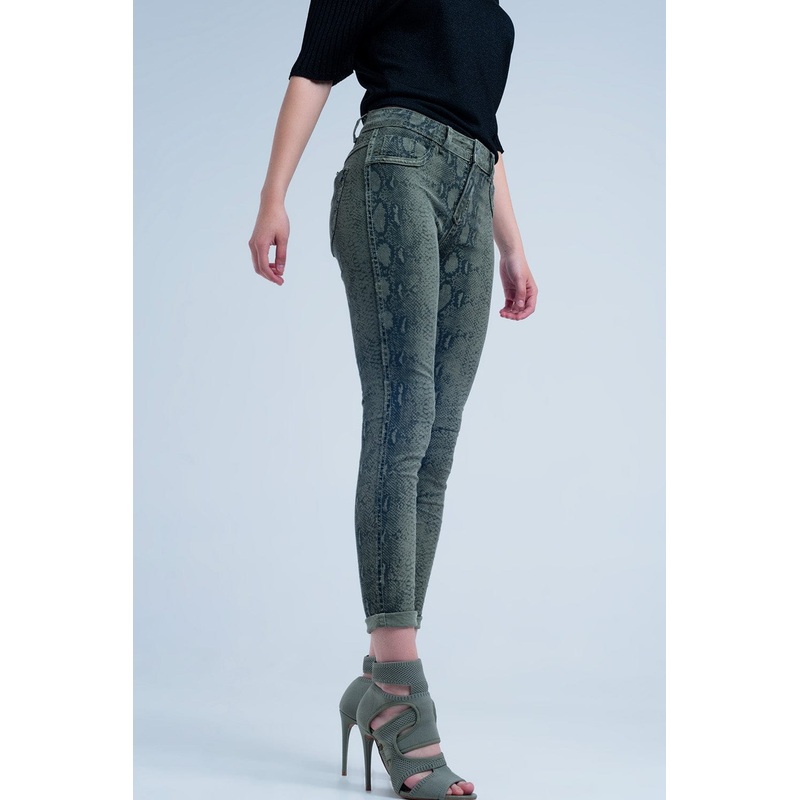 Green Skinny Reversible Jeans With Snake Print