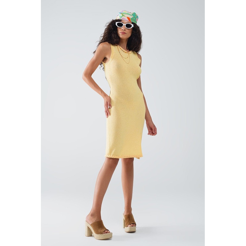 Knitted Midi Dress With Braided Detail In Yellow