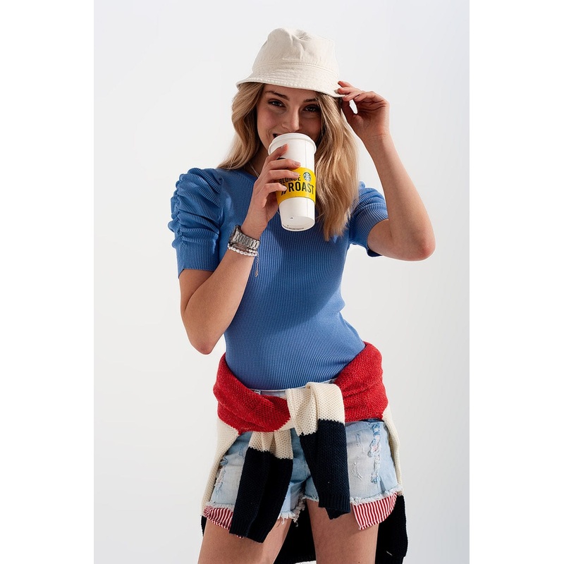 Knitted Top With Balloon Sleeves In Blue