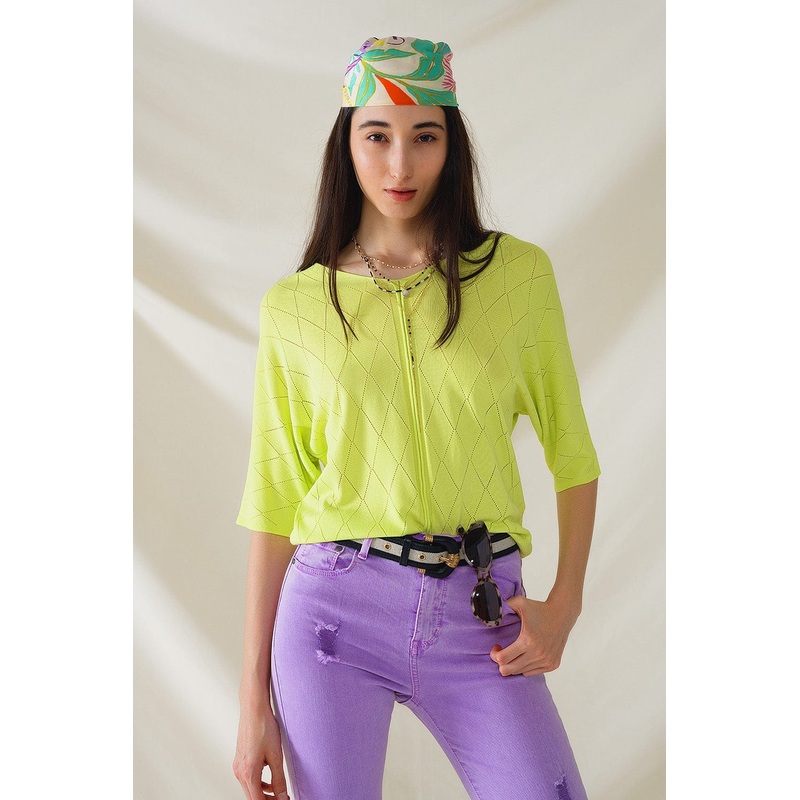 Lime Colored Short Sleeve Sweater With Argyle Pattern