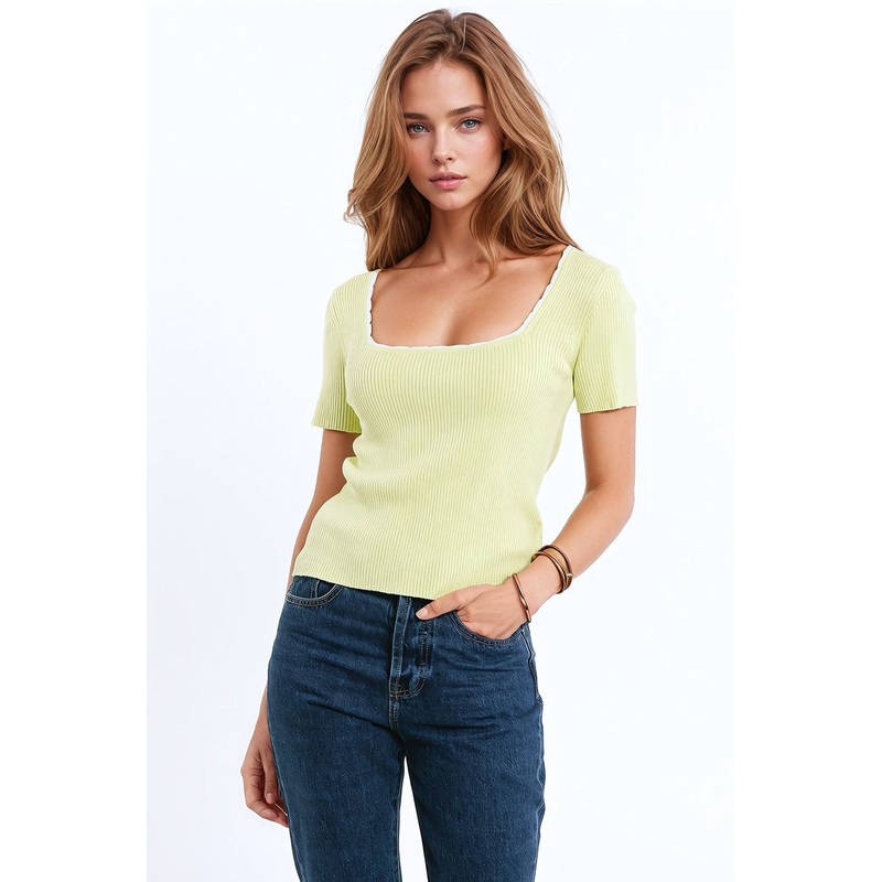 Lime Knitted Short Sleeve Sweater With Square Neck And White Trim