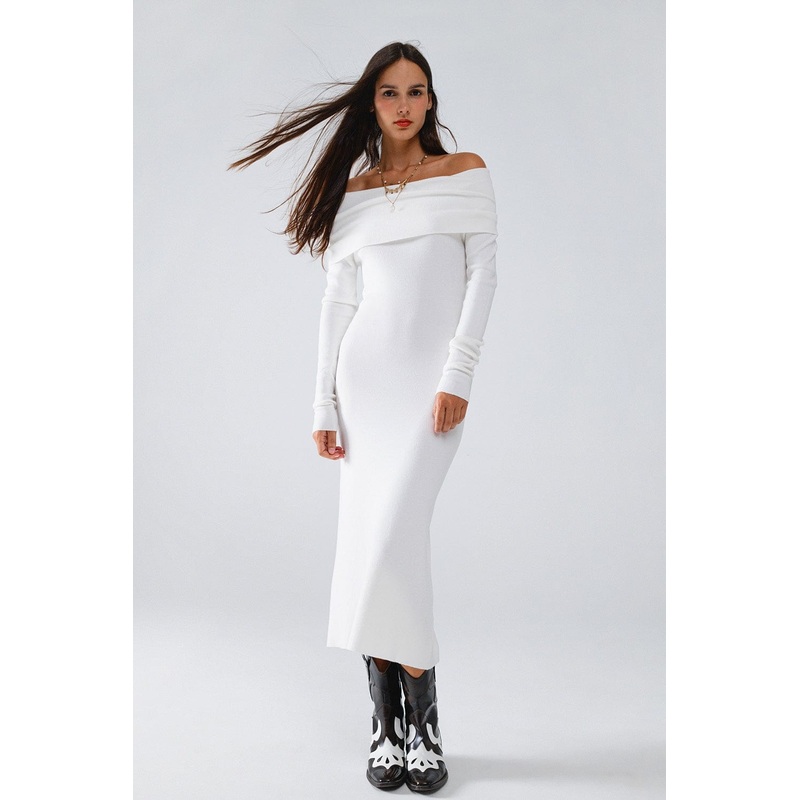 Maxi Knitted Foldover Badot Dress In White