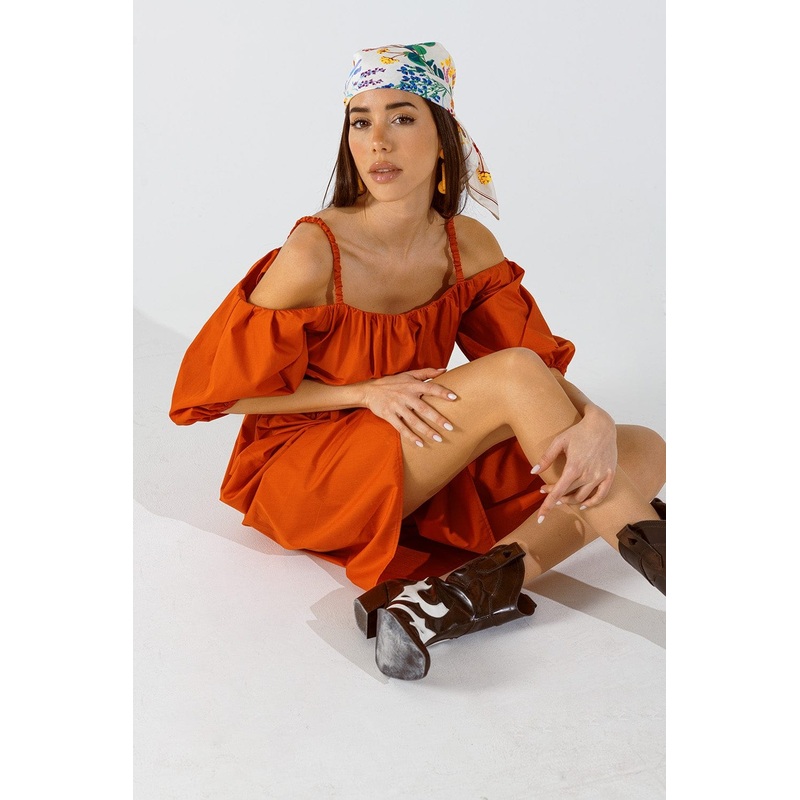 Midi Orange Dress With Short Sleeves And Straps