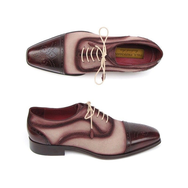 Paul Parkman Men’s Captoe Oxfords – Bordeaux / Beige Hand-Painted Suede Upper and Leather Sole (ID#024-BRR)