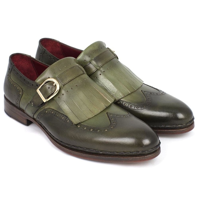 Paul Parkman Men’s Wingtip Monkstrap Brogues Green Hand-Painted Leather Upper With Double Leather Sole (ID#060-GREEN)