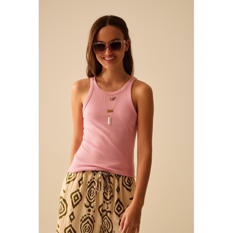 Pink Sleeveless T-Shirt In Ribbed Stretch Cotton Knit