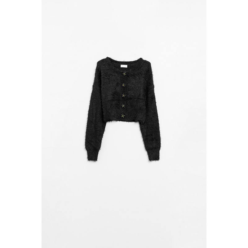 Short And Fluffy Black Cardigan With Flower Buttons