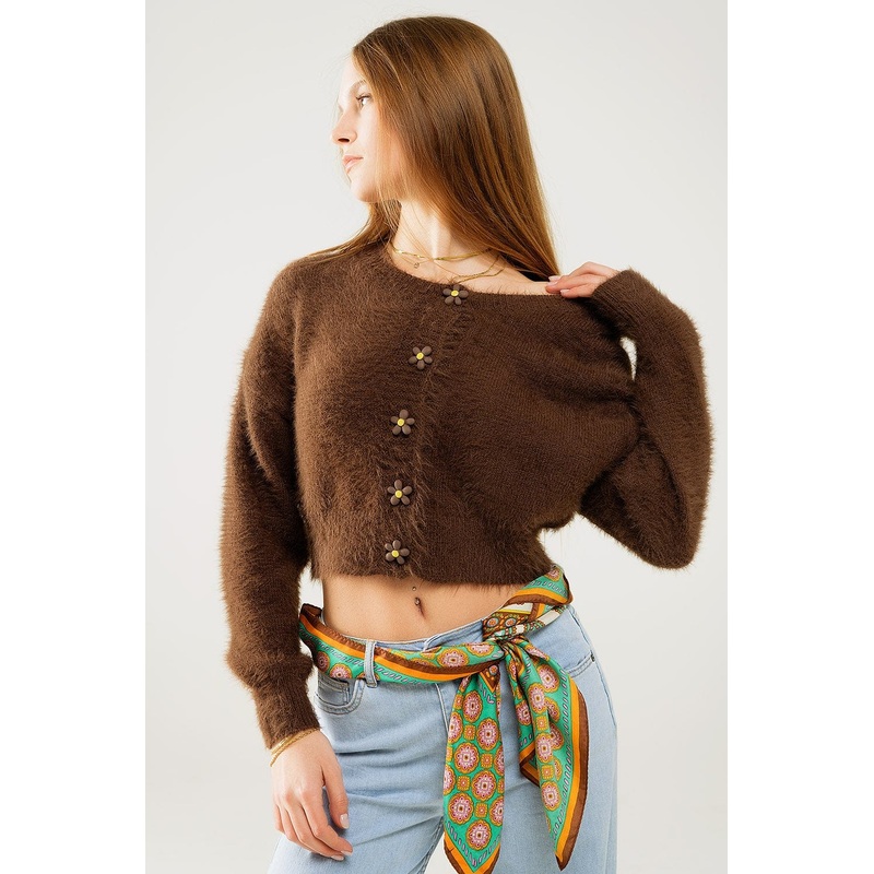 Short And Fluffy Brown Cardigan With Flower Buttons