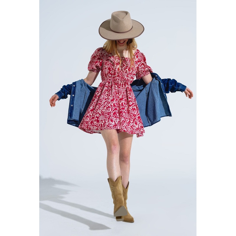 Short Floral Print Dress With Gathered Back