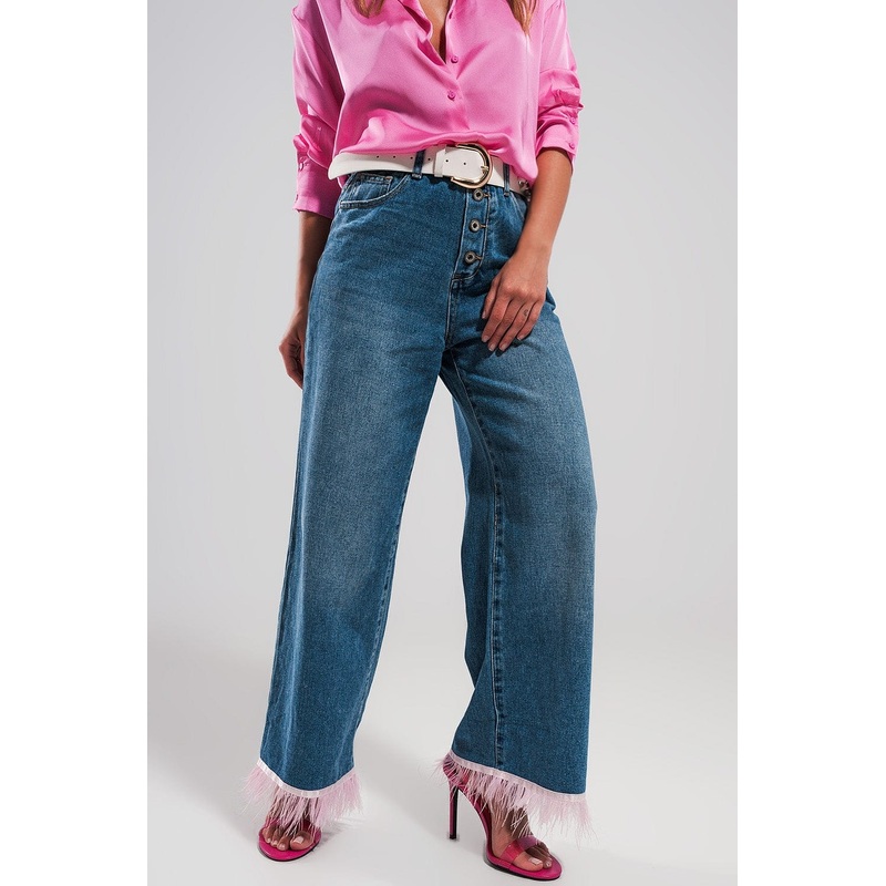 Straight Leg Jeans With Pink Faux Feather Hem