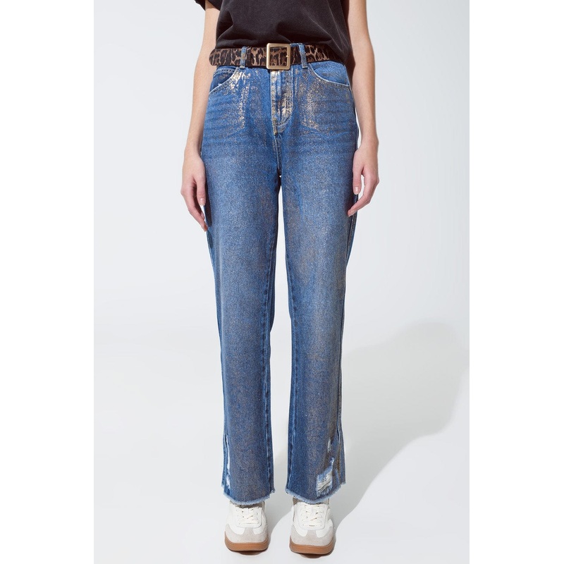 Straight Leg Ripped Jeans With Gold Metallic Glow