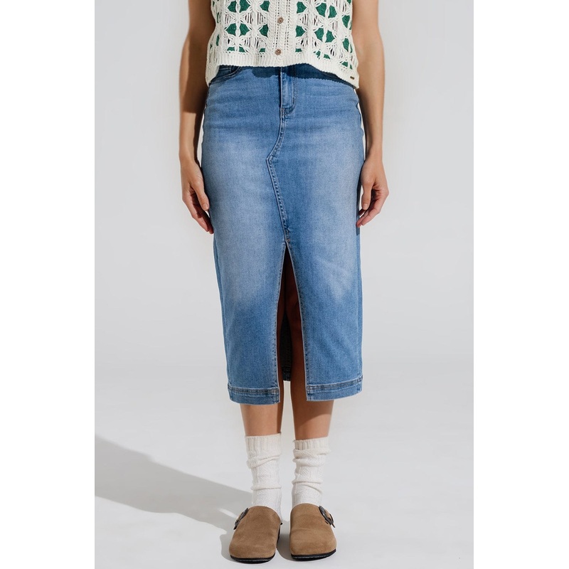Stretch Denim Midi Skirt With Split Down The Front