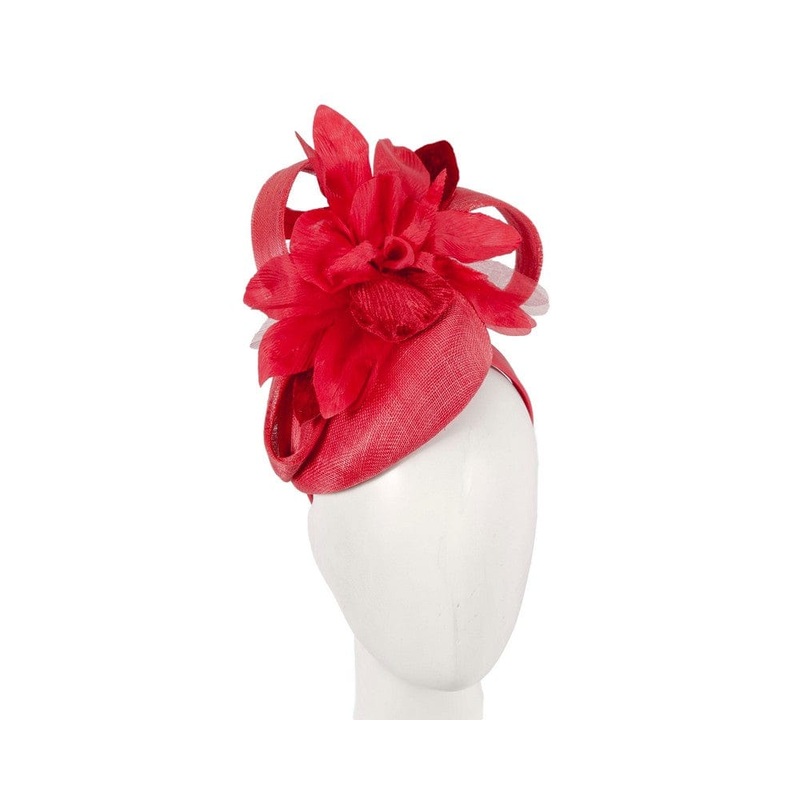 Tall red racing pillbox fascinator by Fillies Collection