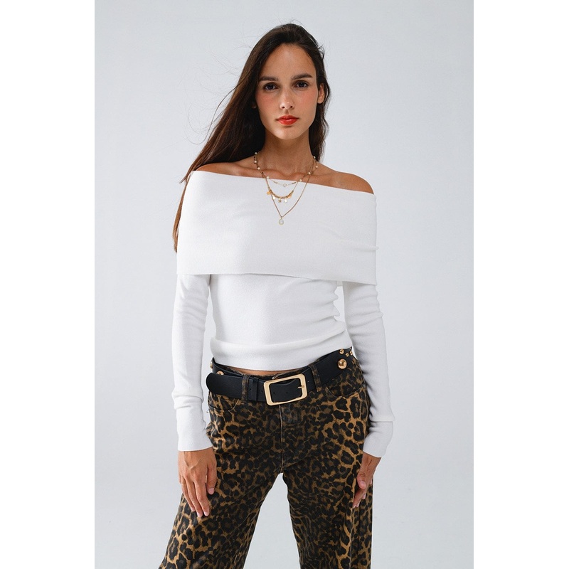 White Fine Knit Sweater With Wide Boat Neck