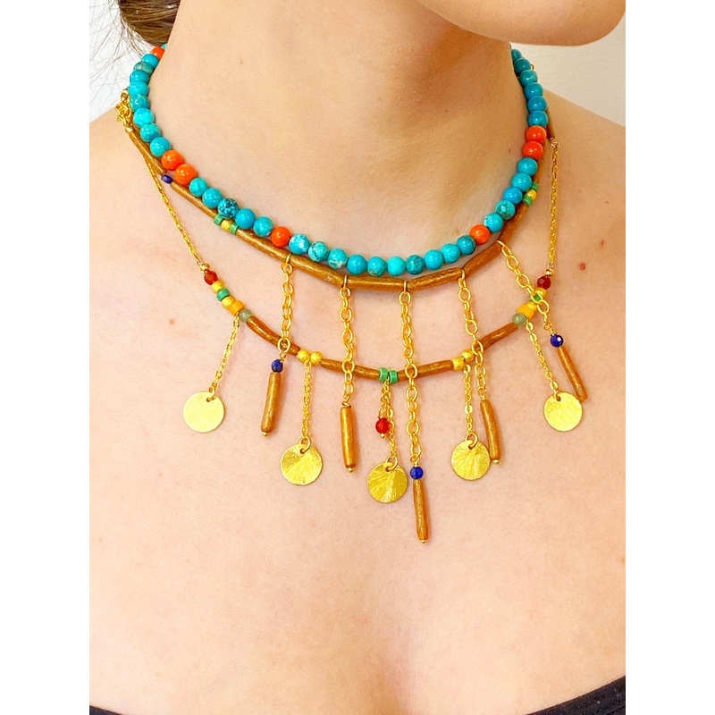 Women’s Vota Necklace in Gold Coral, Lapis, & Green Howlite | MINU