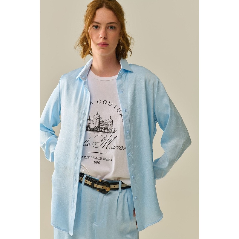 Baby Blue Buttoned Shirt In Satin