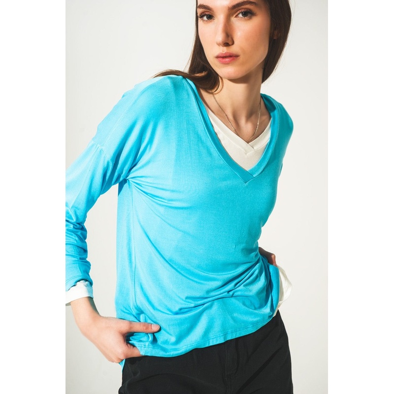Blue Long Sleeve V Neck Top In Modal