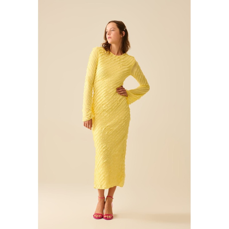 Butter Yellow Maxi Dress With Bias Mini Ruffle Design