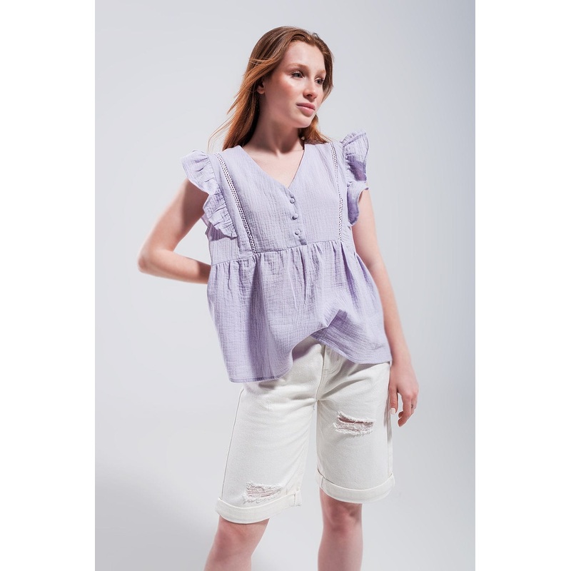 Cotton Tank Top With Ruffle Sleeves In Lilac