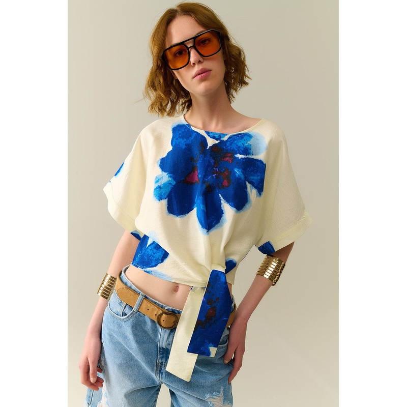 Cropped White Blouse With Tropical Floral Print In Blue