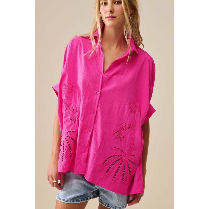 Embroidered Palm Trees Fuchsia Oversized Shirt