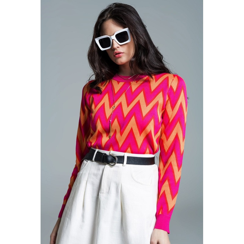 Fuchsia  Sweater With  Zig Zag Print With Orange Details