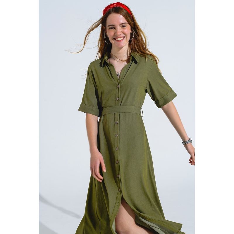 Green Maxi Shirt Dress With Polo Collar