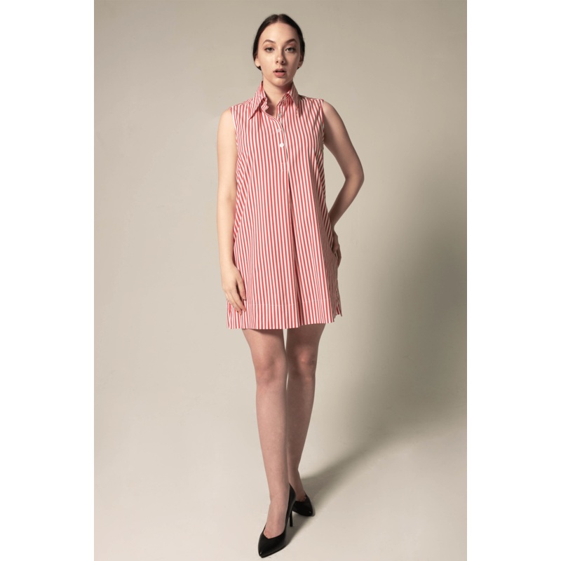 Italian Cotton Red Stripe Sleeveless Dress | Le Russi