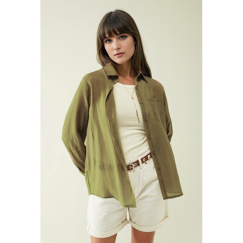 Kahki Chiffon Shirt With Long Sleeves And One Chest Pocket