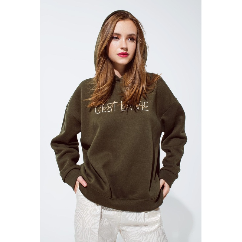 Khaki Color Hoodie With Embroidered Cest La Vie Text