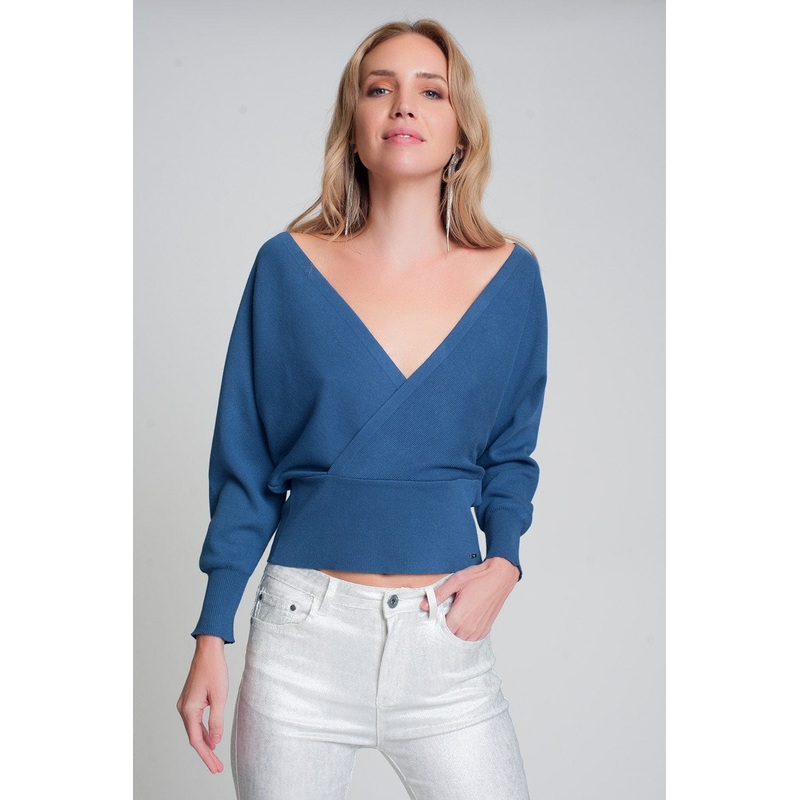 Knitted Sweater With Wrapped V-Neck In Blue