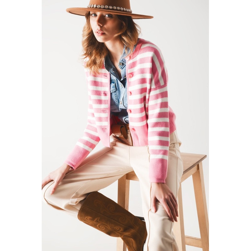 Lightweight Stripe Cardigan In Pink