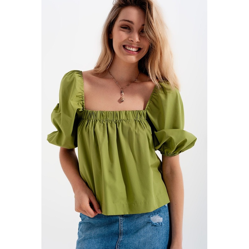 Poplin Balloon Sleeve Top In Green