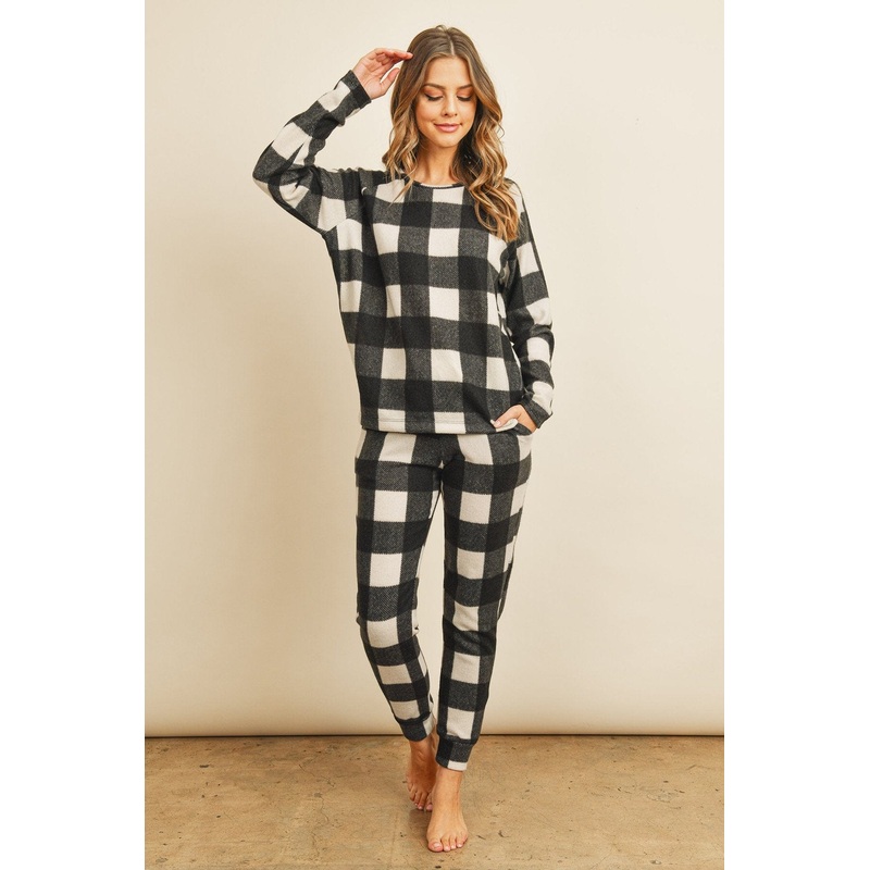 Riah Brushed Plaid Top and Joggers Set With Self Tie